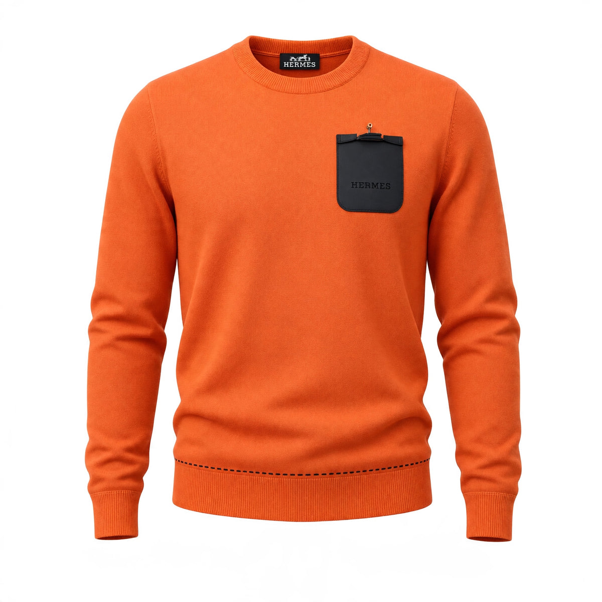 Hermès orange crewneck sweater with black embossed pouch and gold clasp on chest