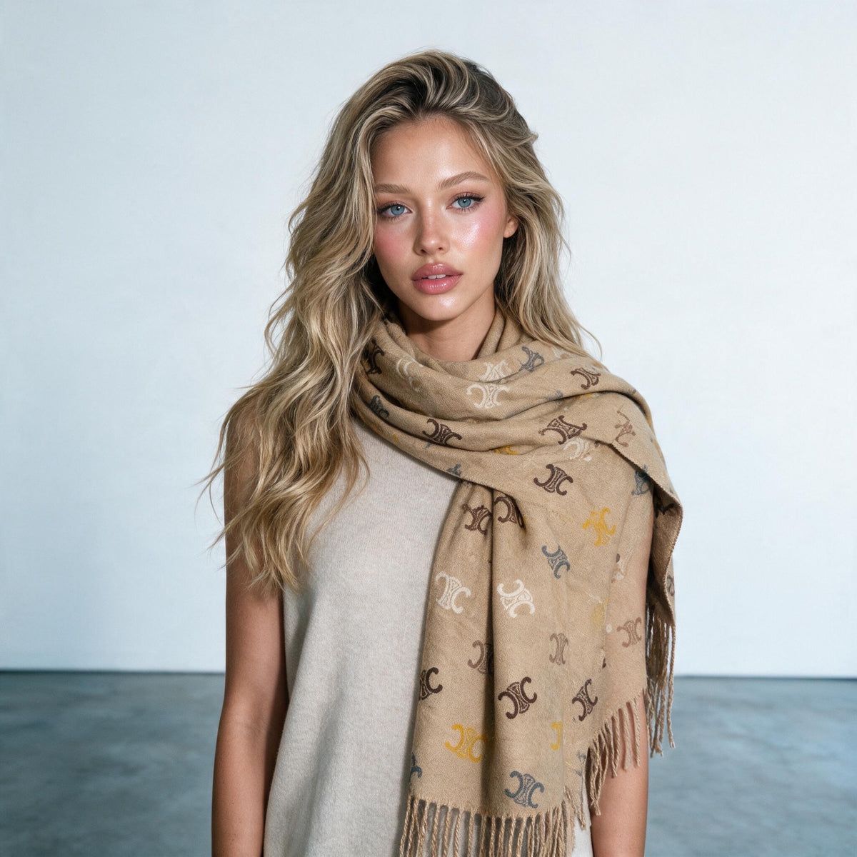 camel coloured scarf with repeating Triomphe monogram motif and fringed ends wrapped around model