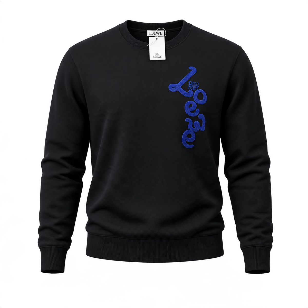 Black Loewe crewneck sweatshirt with blue vertical logo on right side