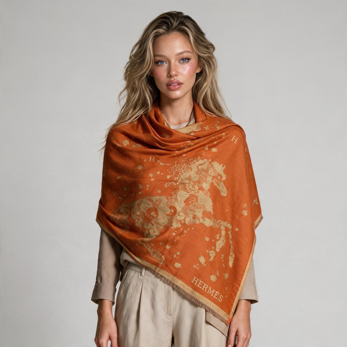 Orange Hermès scarf with floral motif, "H" logo and fringed edges