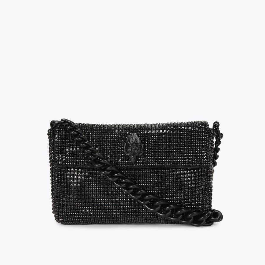 black crystal-embellished shoulder bag with chunky chain and bird-head clasp