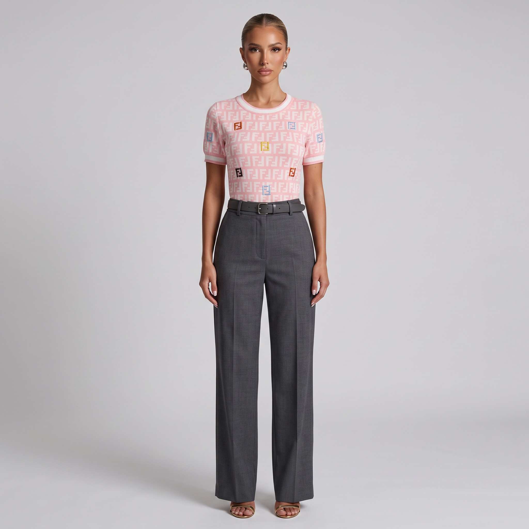 💗 Fendi FF Monogram Knit Short Sleeve Top – Pink ( one size )