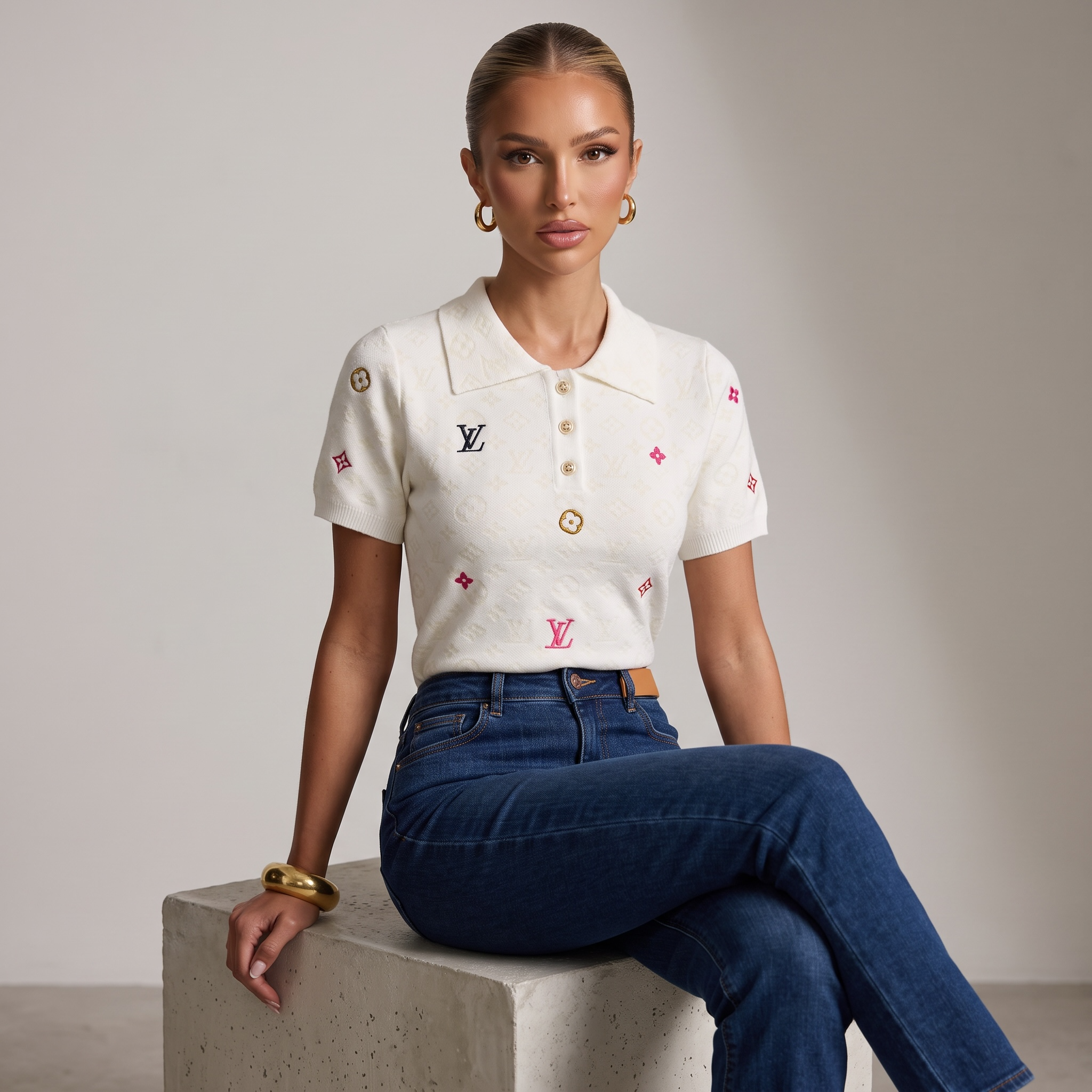 🤍 Louis Vuitton Multicolor Monogram Knit Polo | White | One Size