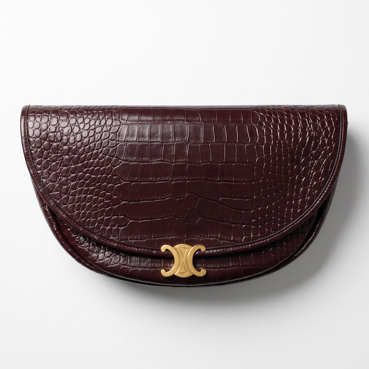 Celine Triomphe croc-embossed burgundy shoulder bag with gold clasp