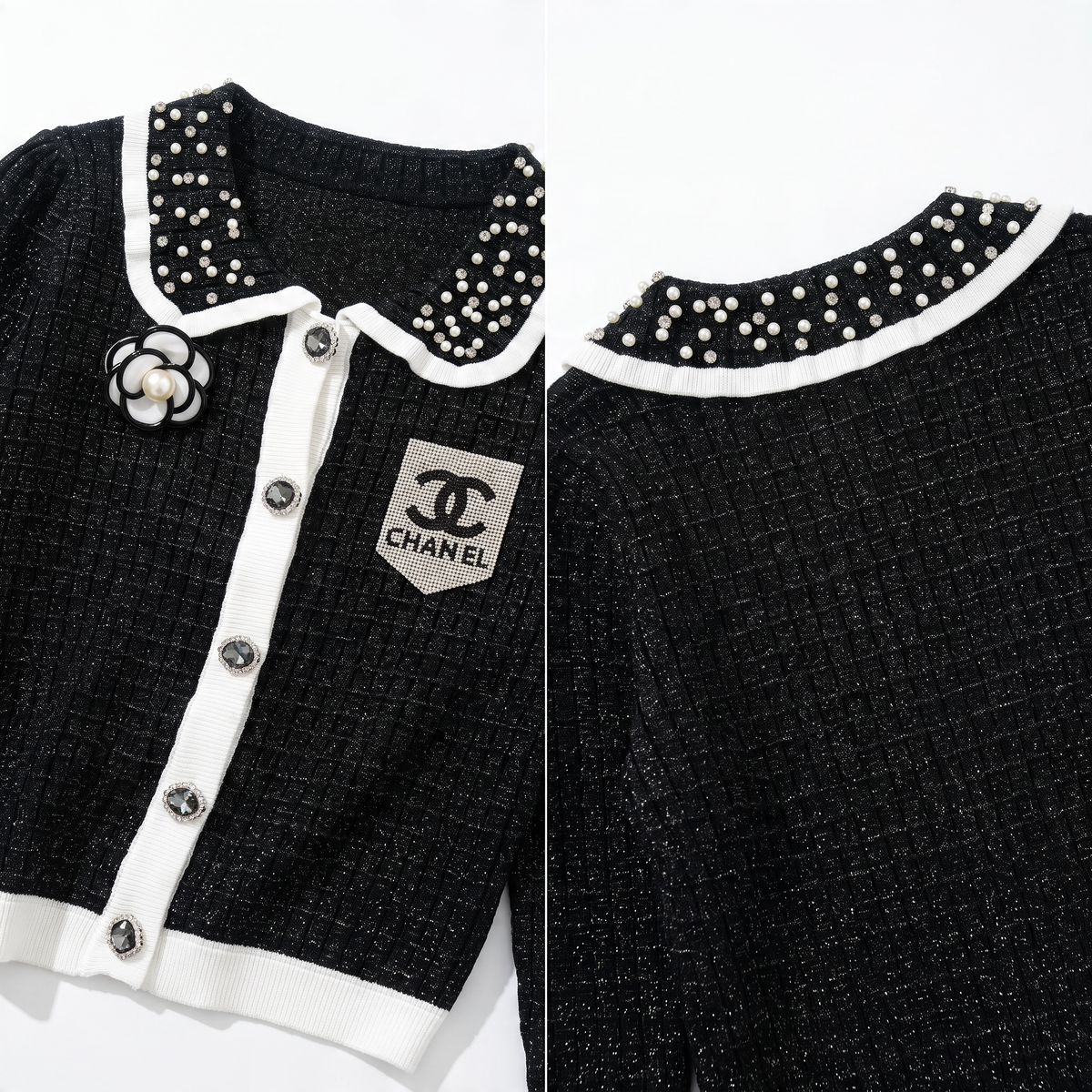 Chanel Cardigan โ Black Pearl-Trim Floral