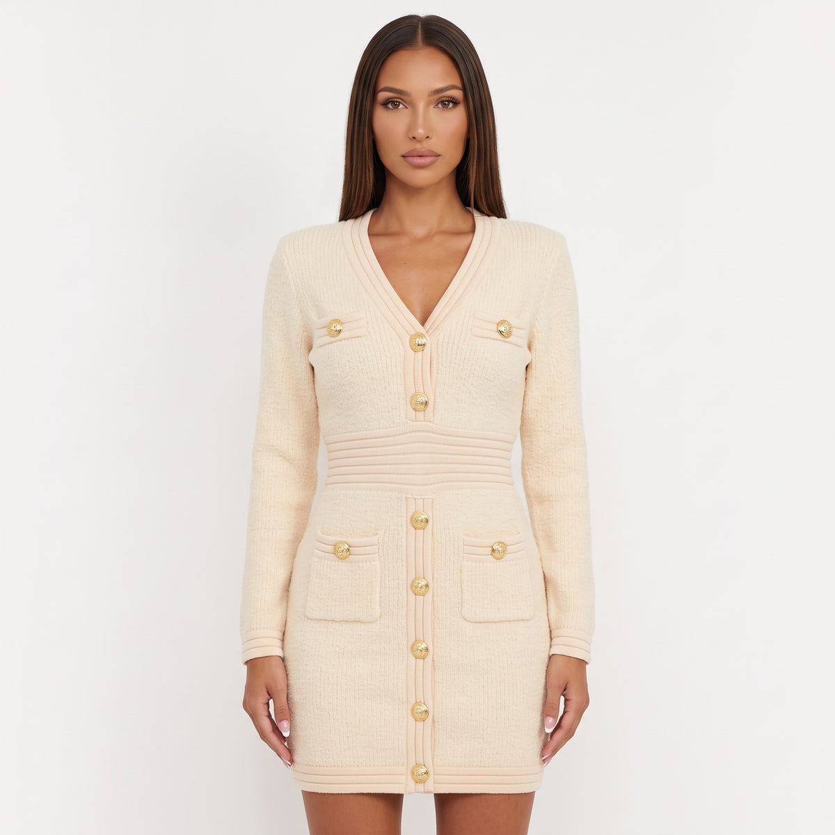 Cream Balmain cardigan-style mini dress with gold buttons and ribbed waist