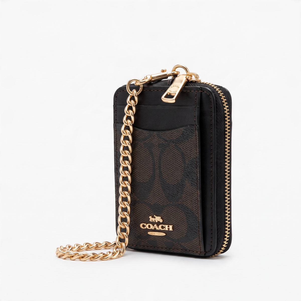 Coach brown signature zip card case with gold chain and exterior card slot