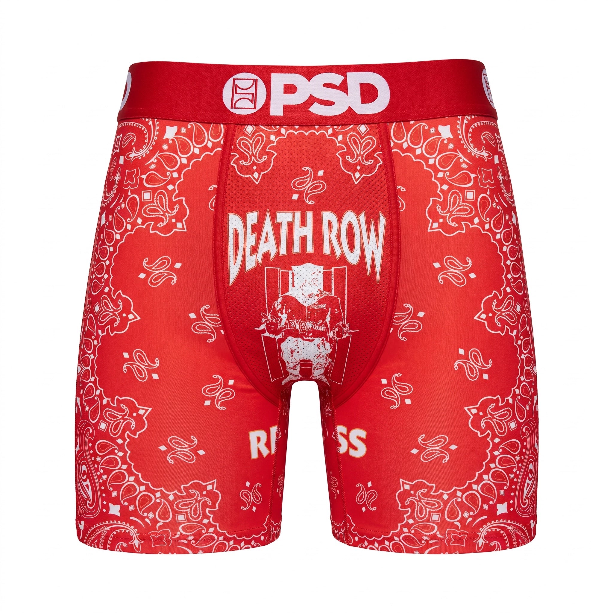 Red PSD boxer briefs with bandana print and Death Row graphic