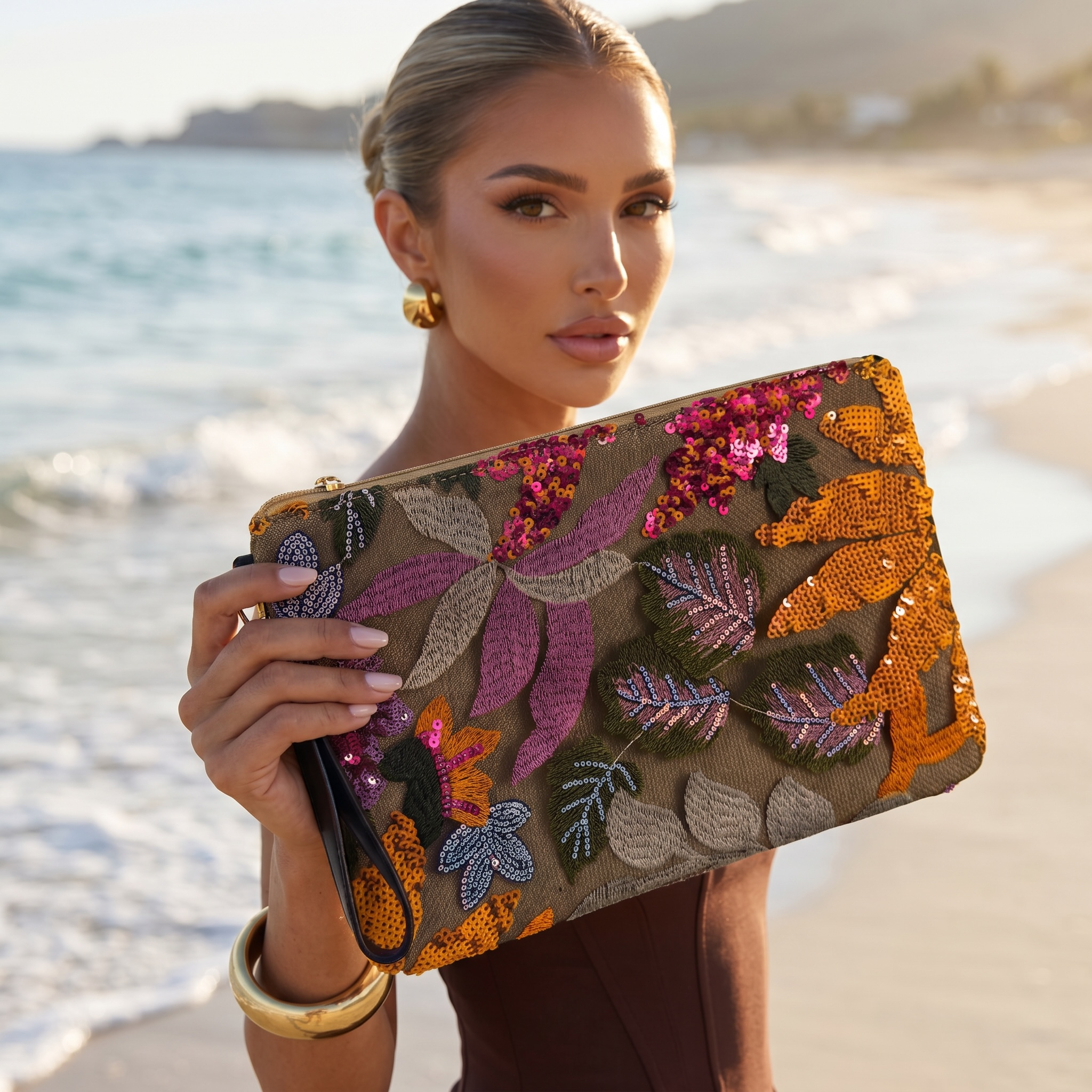 Tropical Sequin Embroidered Wristlet Clutch 🌺✨👝