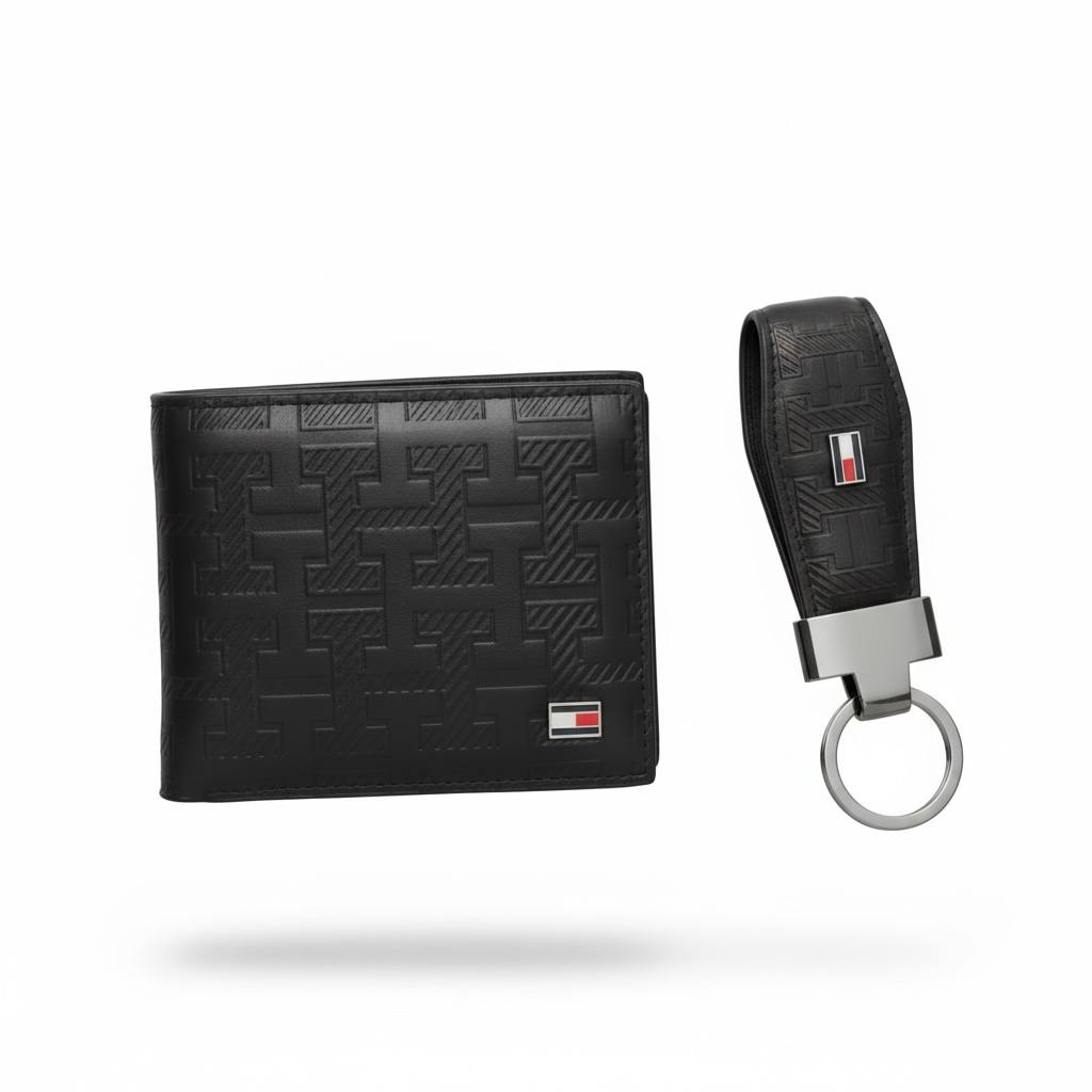 Tommy Hilfiger Monogram Leather Wallet & Key Holder Set – Black 🖤✨