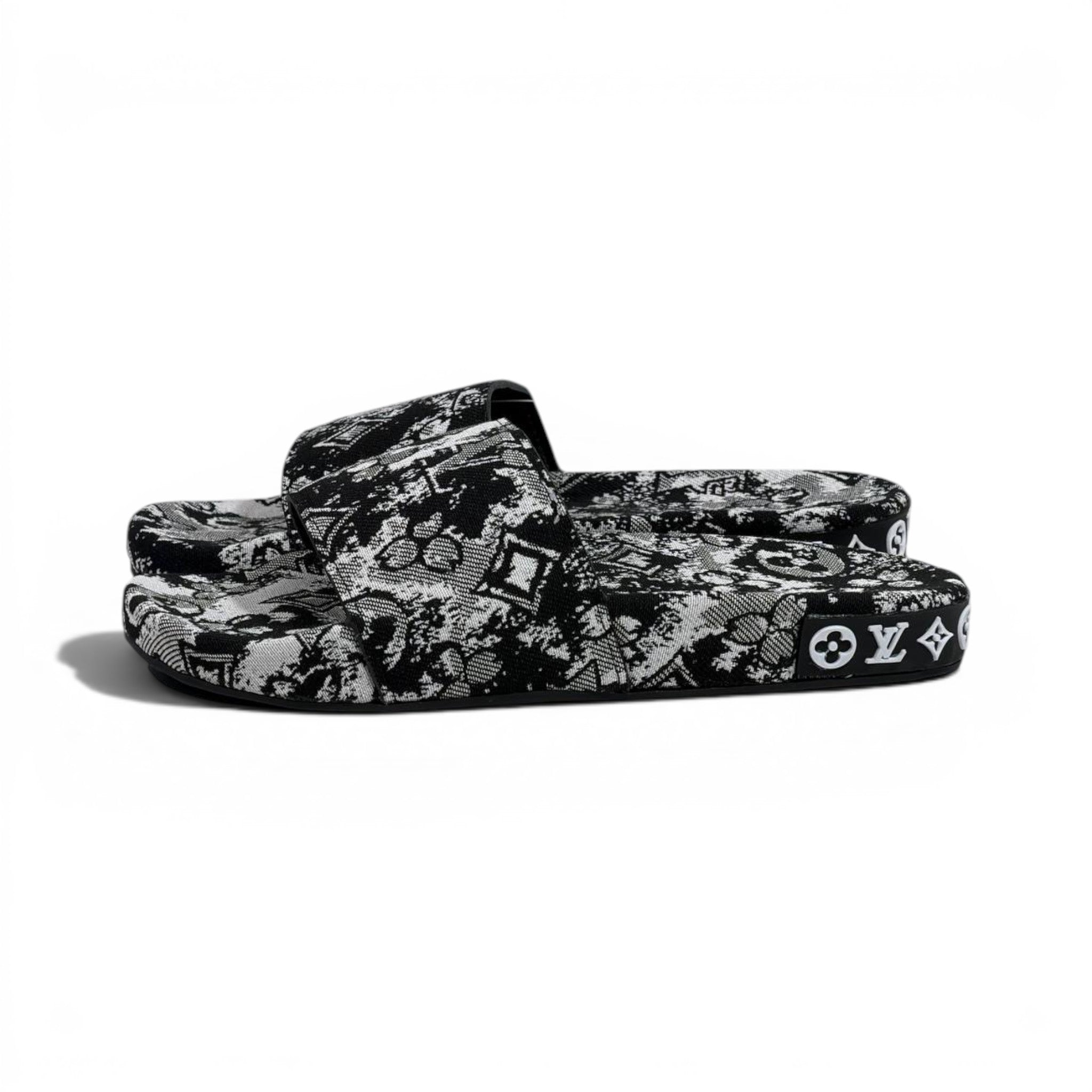 Louis Vuitton Monogram Black & White Slide Sandals – Luxury Designer Summer Slippers 🖤✨