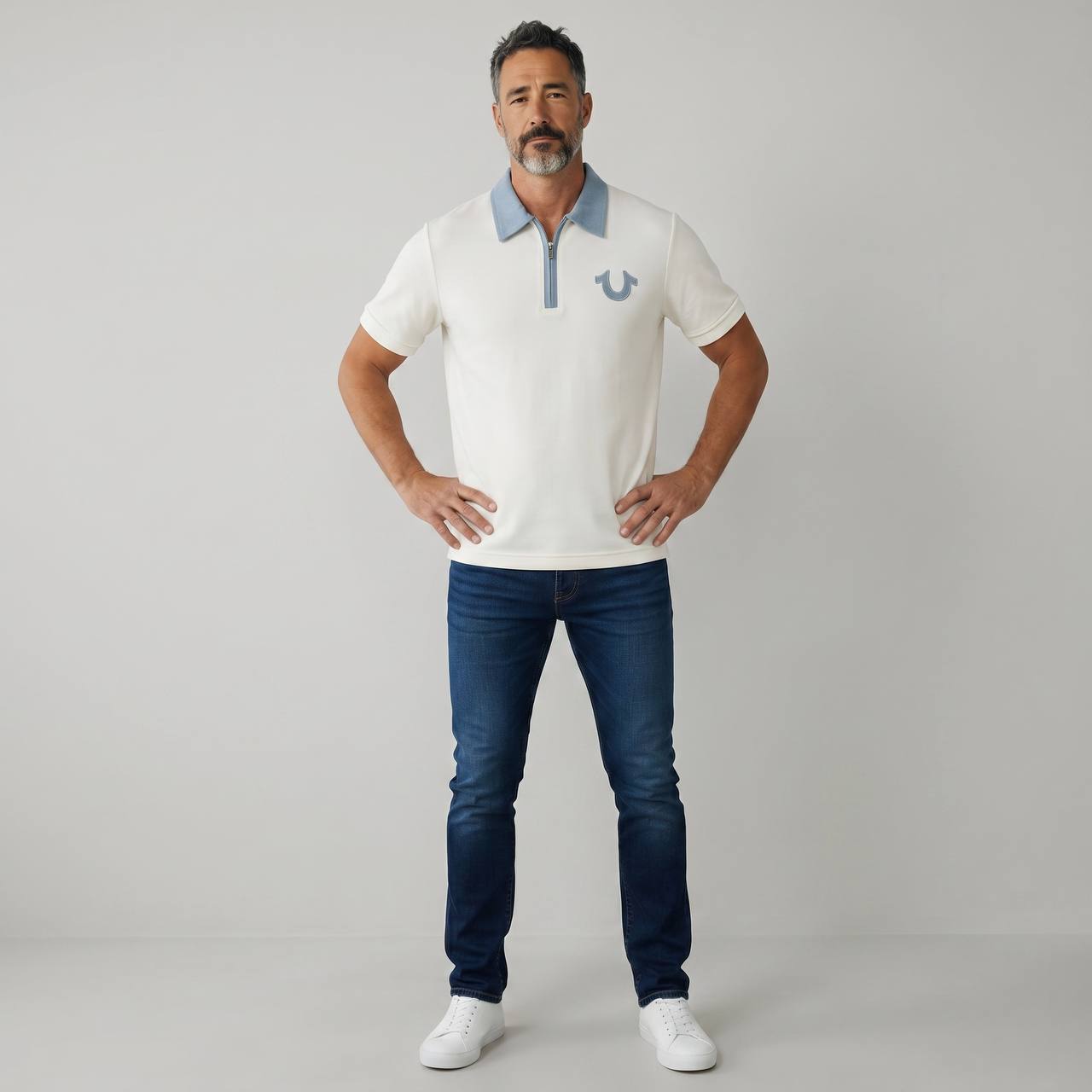 True Religion Zip Polo Shirt – White & Sky Blue Edition 🤍💙