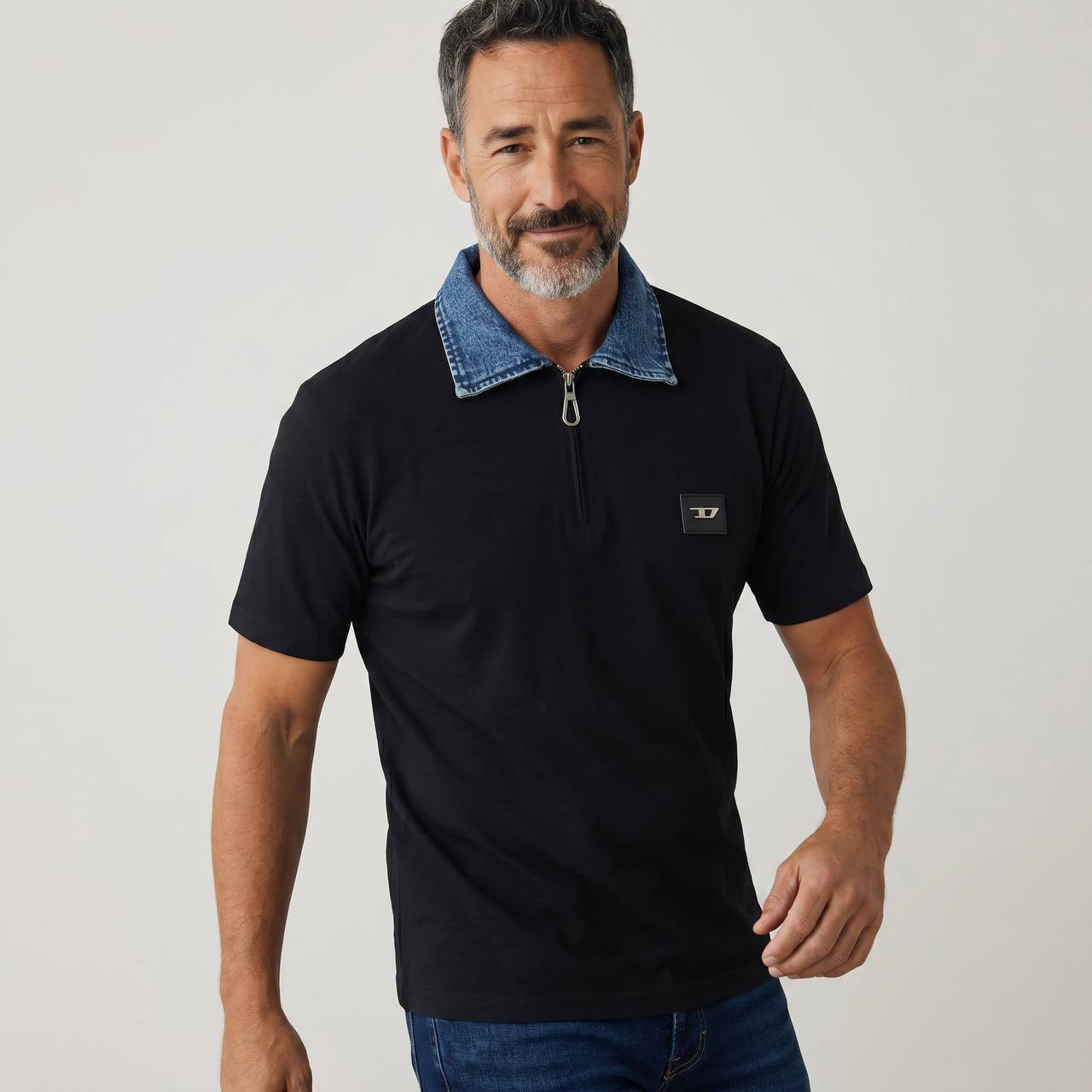 Diesel Denim Collar Zip Polo – Midnight Black Edition 👕🔥
