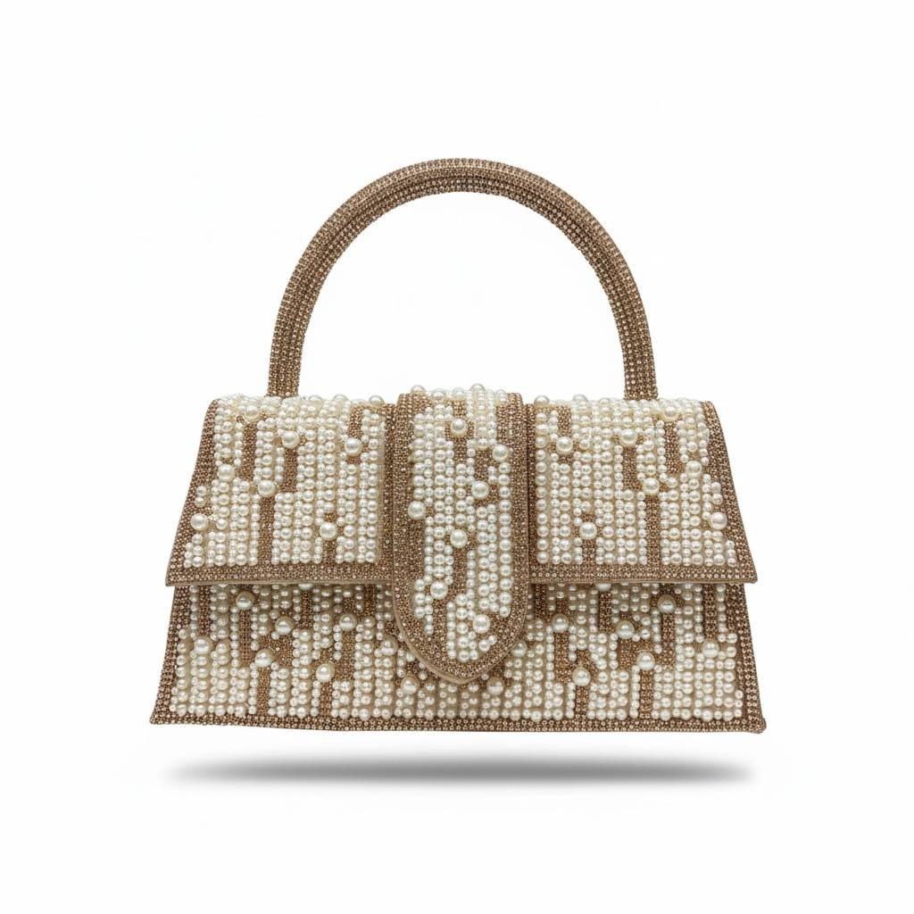 Pearl Luxe Monogram Top Handle Bag ✨🤍 | Gold Embellished Statement Handbag