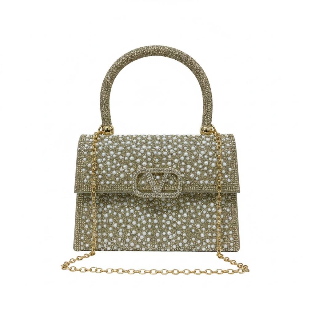 Valentino Garavani Pearl Crystal Top Handle Bag ✨🤍 | Gold Embellished Couture Evening Handbag
