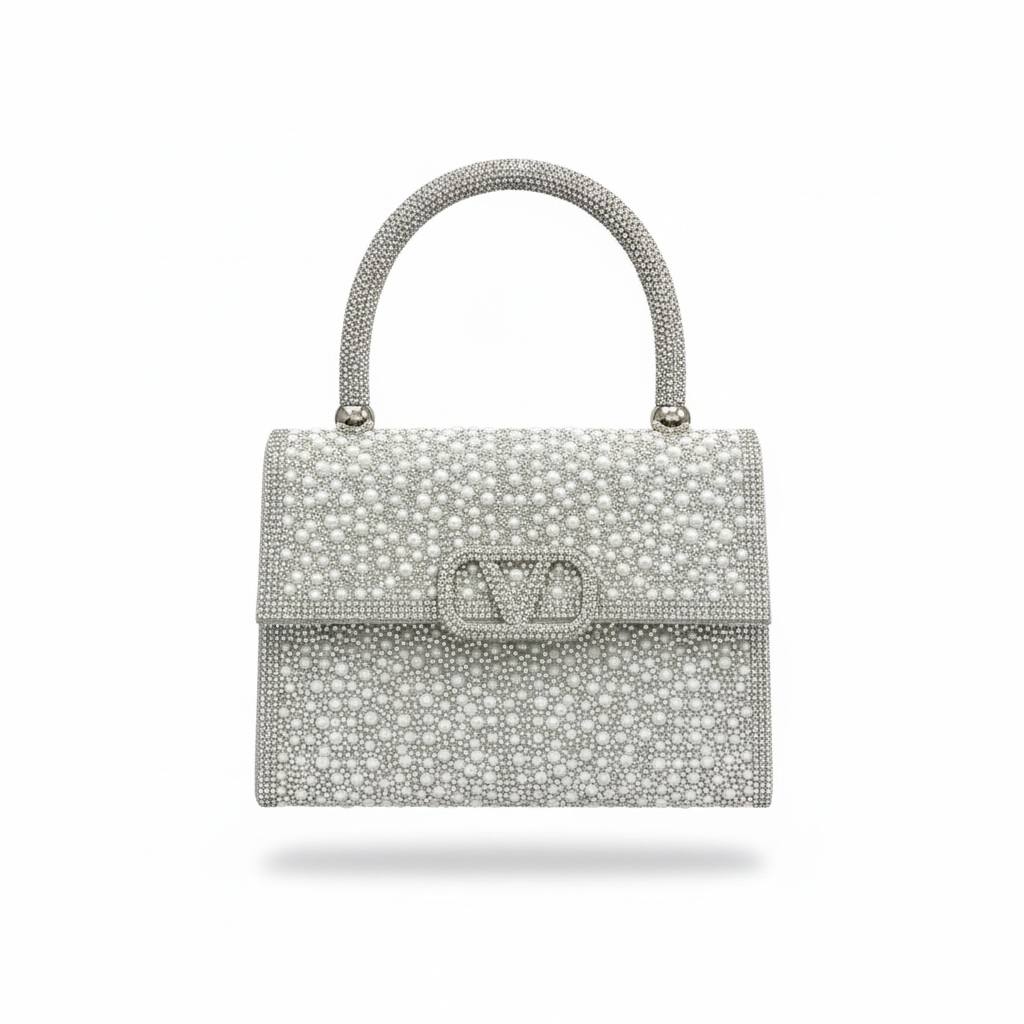 Valentino Garavani Crystal Pearl Top Handle Bag ✨🤍 | Silver Couture Evening Handbag
