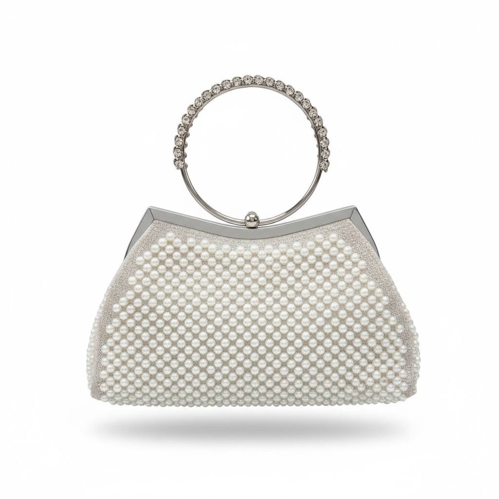 Pearl Halo Silver Clutch ✨🤍 | Crystal Ring Handle Evening Bag