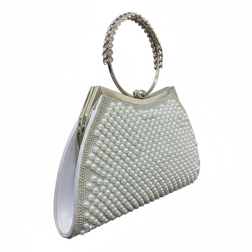 Pearl Halo Silver Clutch ✨🤍 | Crystal Ring Handle Evening Bag