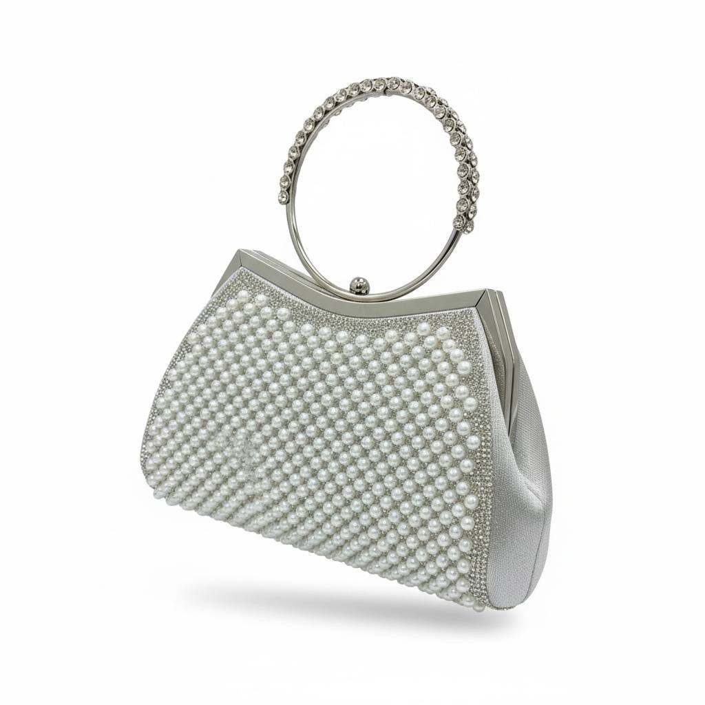 Pearl Halo Silver Clutch ✨🤍 | Crystal Ring Handle Evening Bag