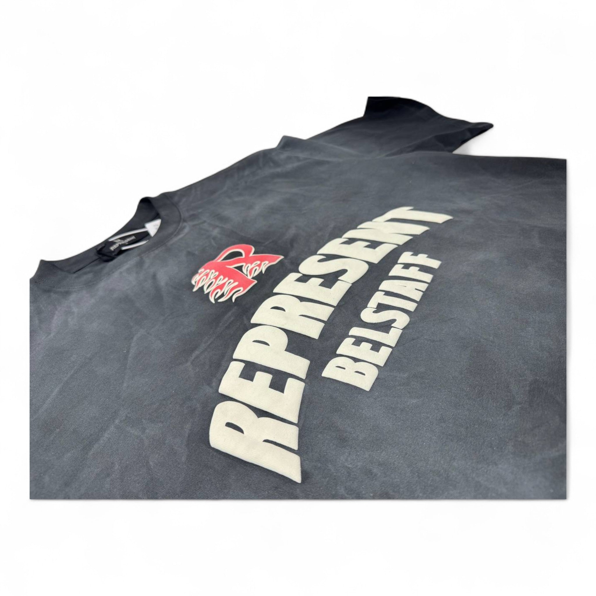 🔥 Represent x Belstaff “R Flames” Tee – Washed Black Collab Edition 🖤🔥
