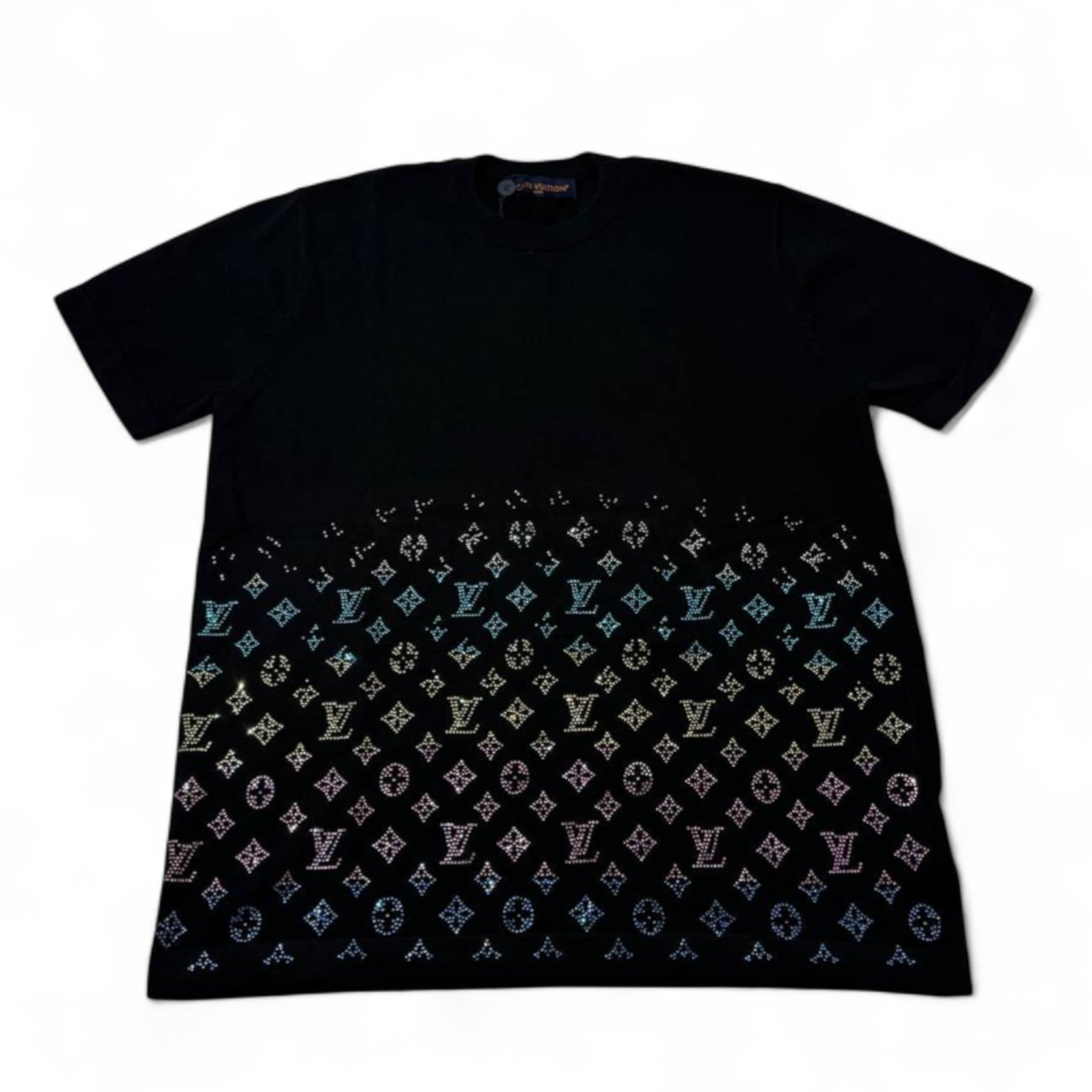 ✨ Louis Vuitton Monogram Crystal Gradient Tee – Black Rainbow Sparkle 🌈🖤