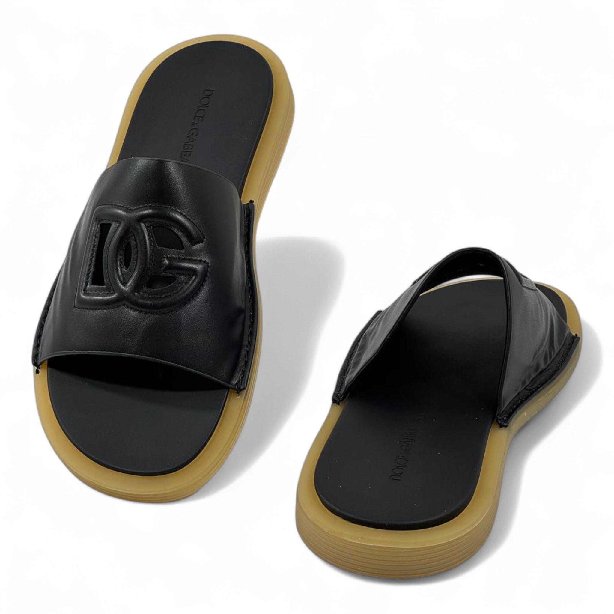 Dolce & Gabbana Signature Leather Slides – Black & Caramel Edition 🖤 | Luxury Summer Essential