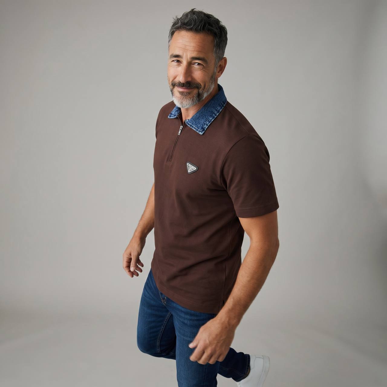 Prada Milano Denim Collar Zip Polo – Espresso Edition ☕👖