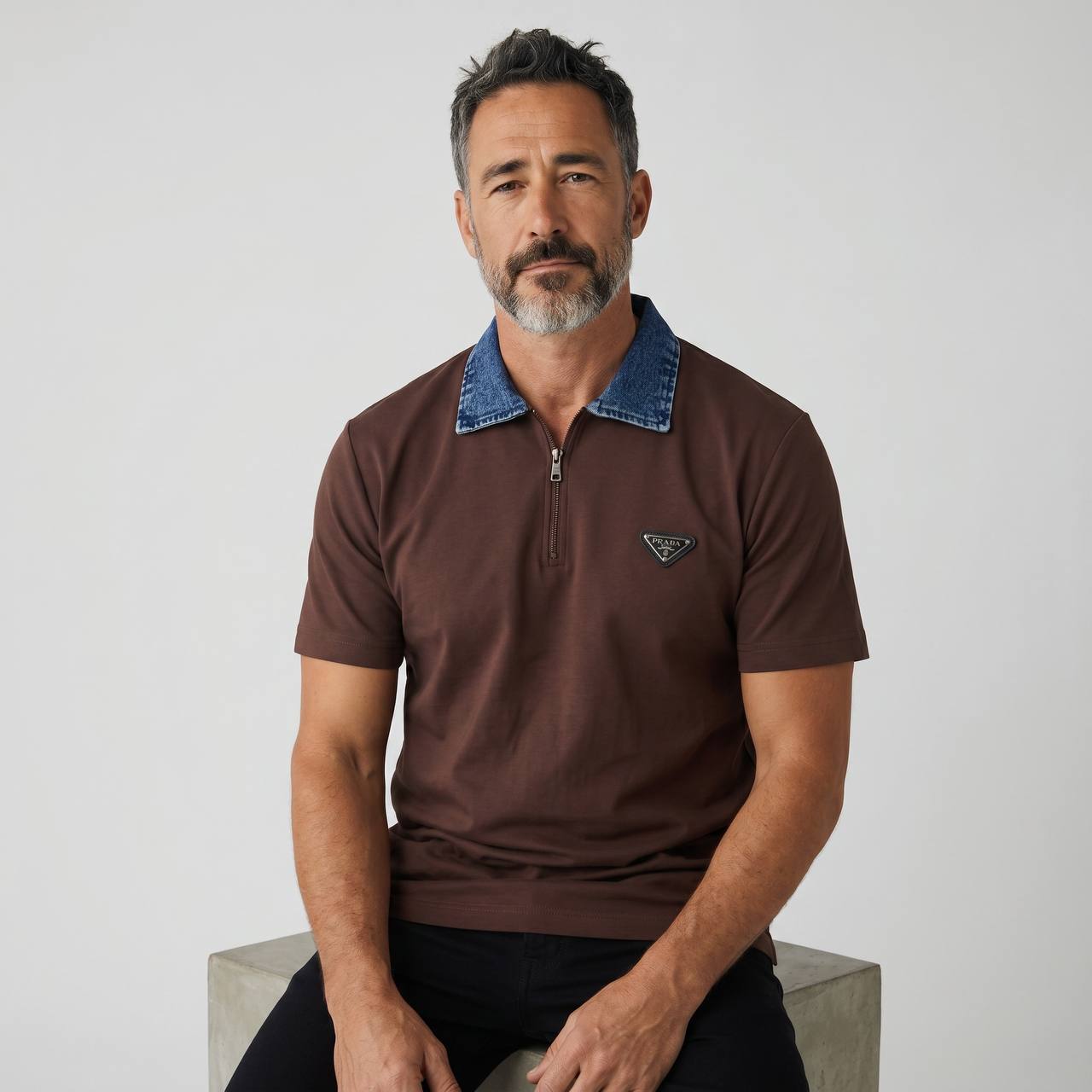 Prada Milano Denim Collar Zip Polo – Espresso Edition ☕👖