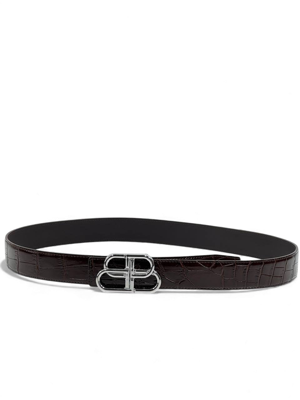 🤎 Balenciaga Crocodile-Embossed Leather Belt – Dark Brown & Silver (125 cm) 🤎