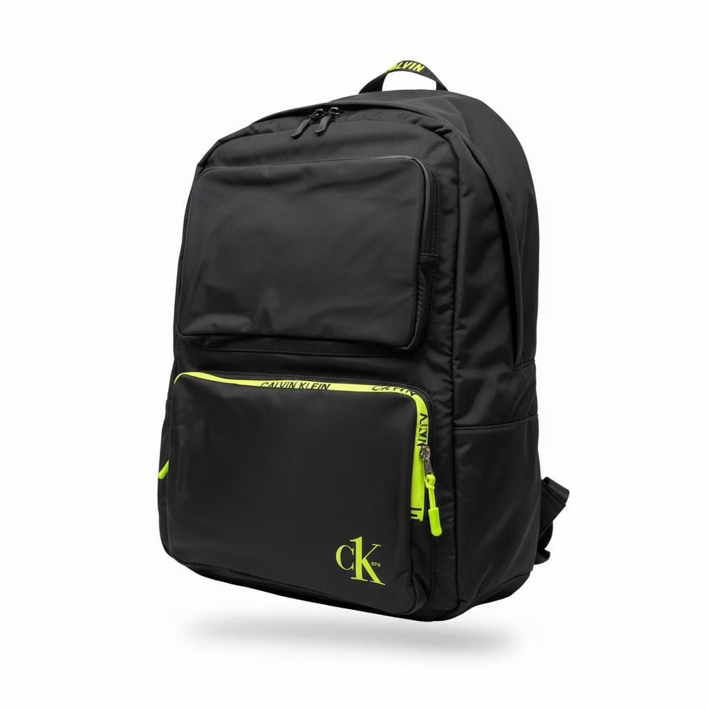 Calvin Klein Neon Accent Backpack – Black Sporty Laptop Bag 🎒⚡ | CK Street Edition