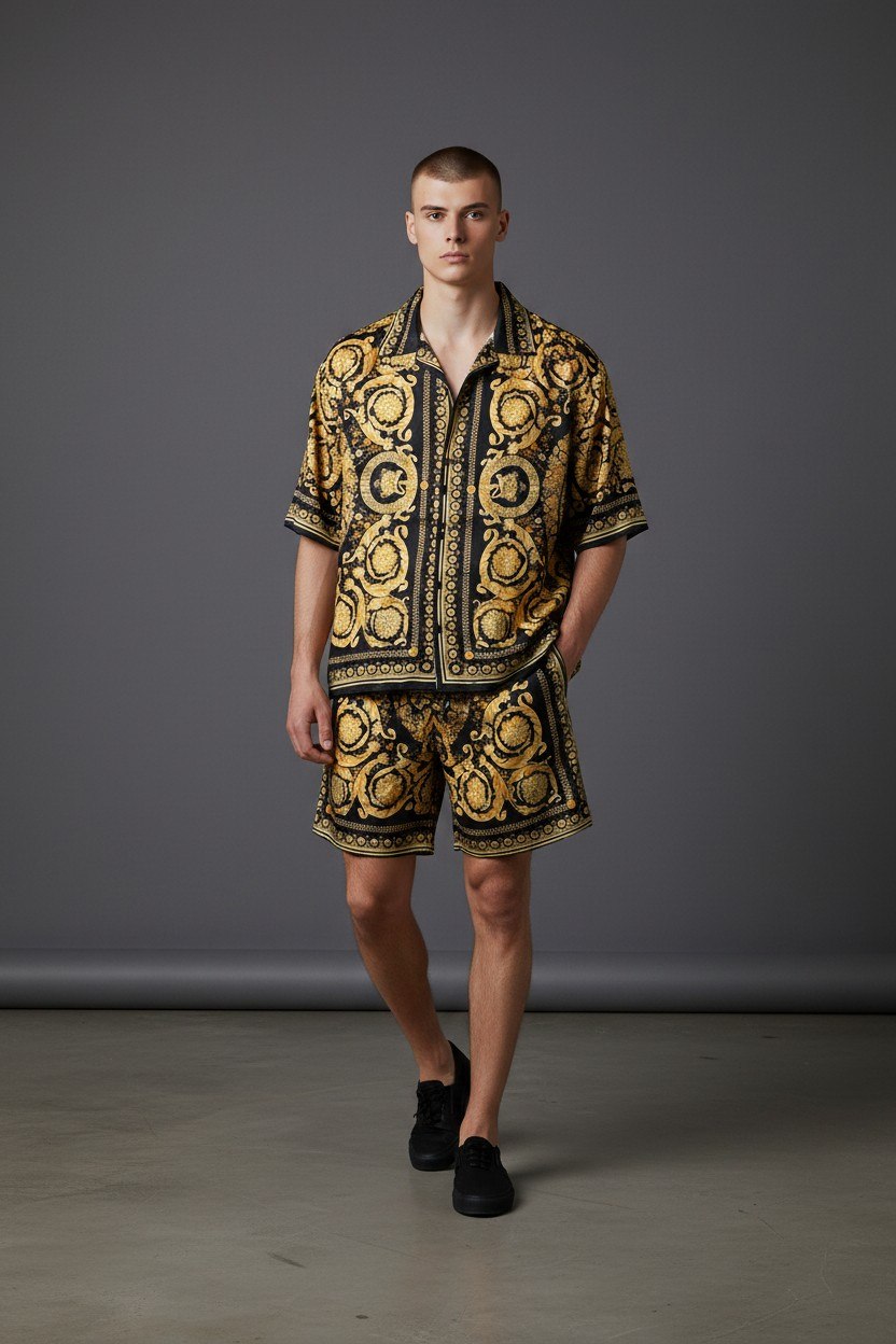 Versace Baroque Print Luxury Co-Ord Set for Men – Premium Black & Gold Resort Outfit ✨