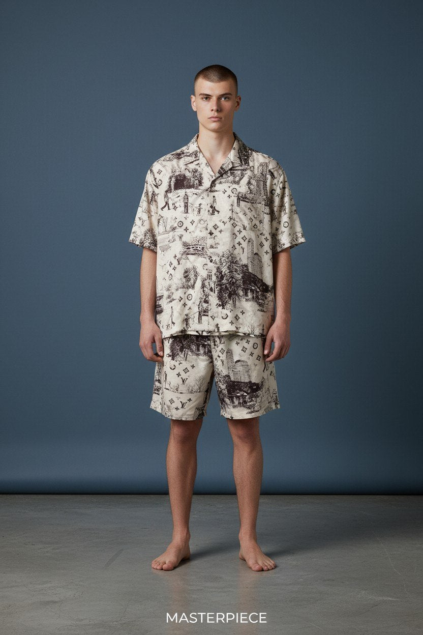 Louis Vuitton Monogram Resort Co-Ord Set for Men – Premium Printed Shirt & Shorts Summer Outfit ✨