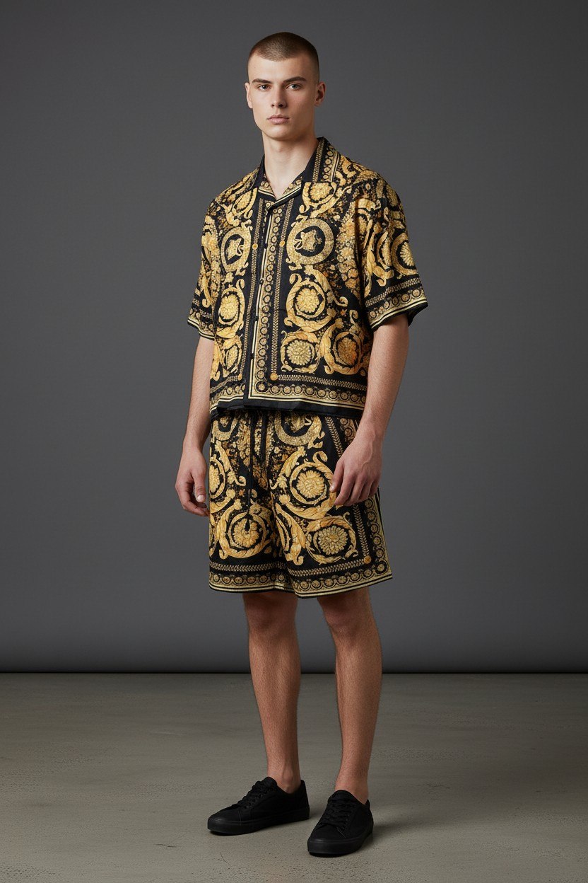 Versace Baroque Print Luxury Co-Ord Set for Men – Premium Black & Gold Resort Outfit ✨