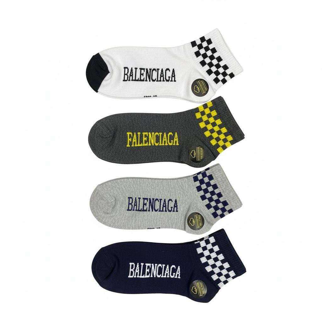 Balenciaga Low-Cut Socks 5-Piece Set 🧦🔥 | Mixed Colors Checker Design