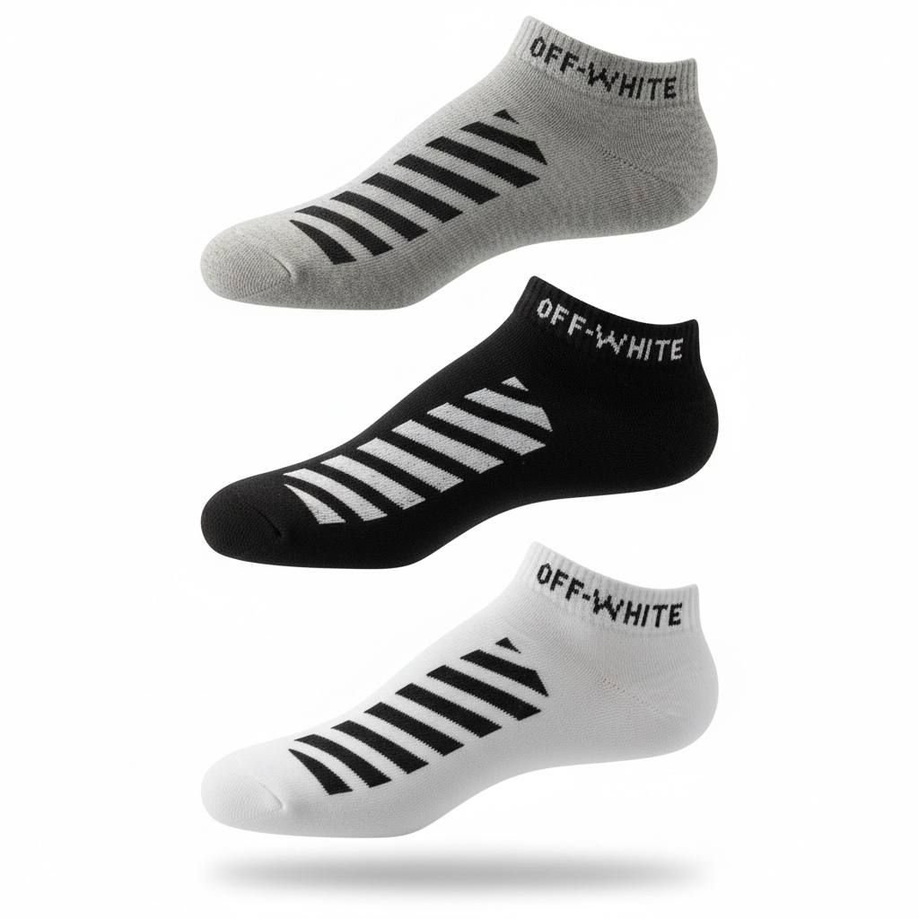Off-White Diagonal Stripe Ankle Socks 3-Piece Set 🖤🤍 | Grey, Black & White Pack