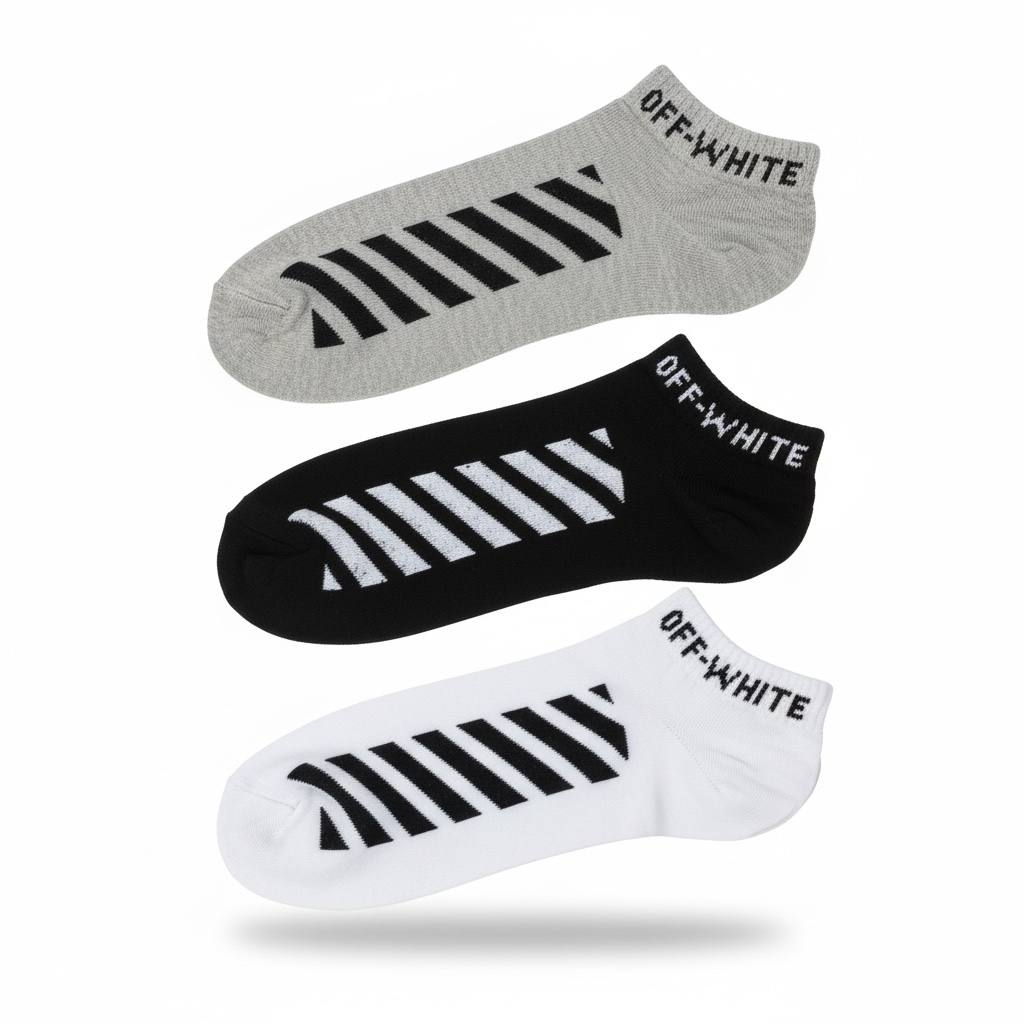 Off-White Diagonal Stripe Ankle Socks 3-Piece Set 🖤🤍 | Grey, Black & White Pack
