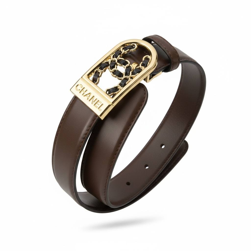 Chanel Chain-Link Leather Belt – Brown with Gold Logo Buckle 🤎✨