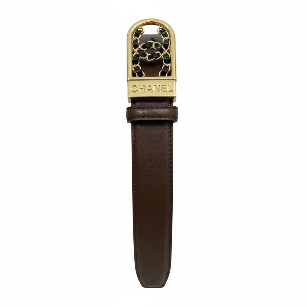 Chanel Chain-Link Leather Belt – Brown with Gold Logo Buckle 🤎✨