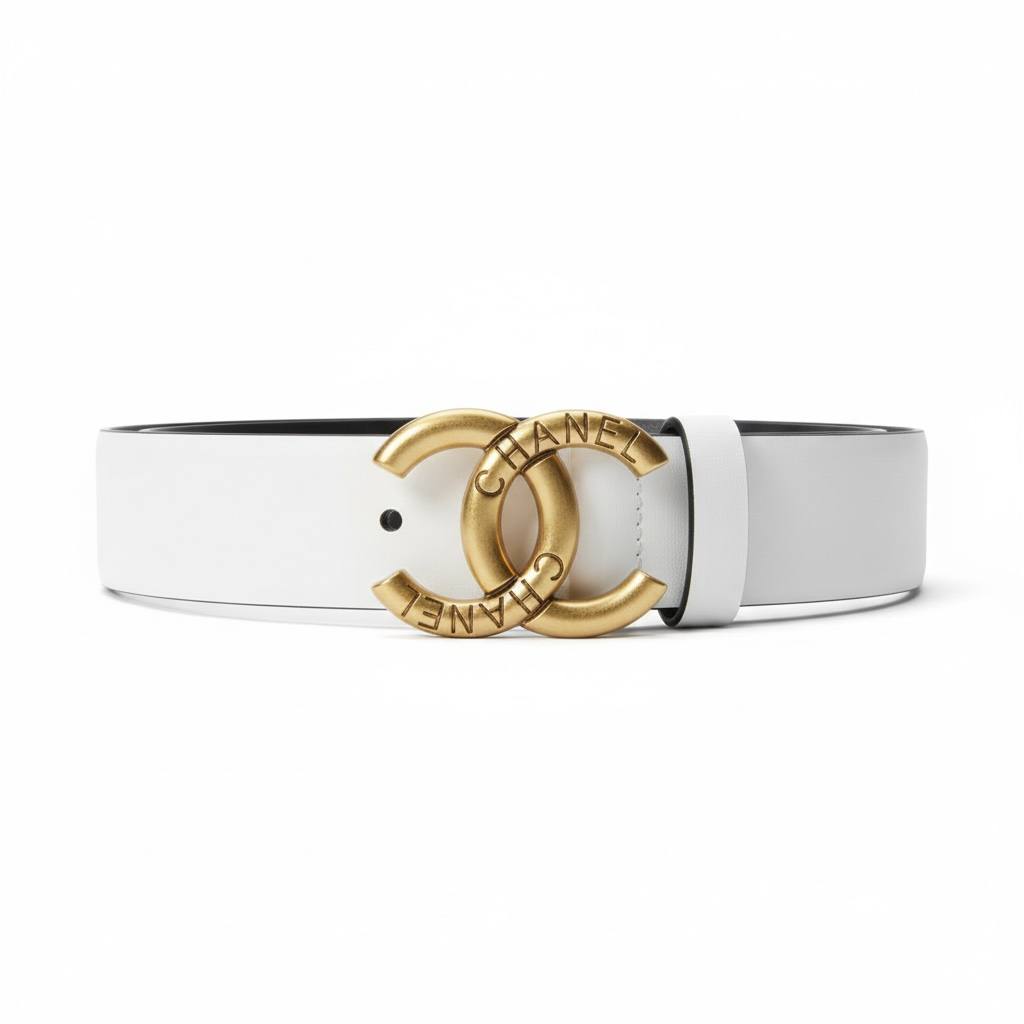 Chanel CC Logo Leather Belt – White with Gold Engraved Buckle 🤍✨