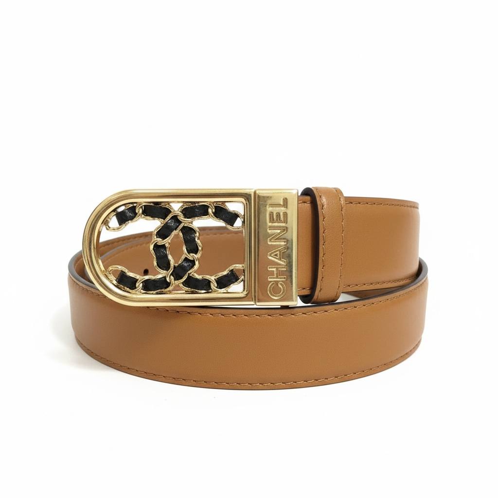 Chanel CC Chain Buckle Belt – Tan Leather Gold Signature ✨🤎