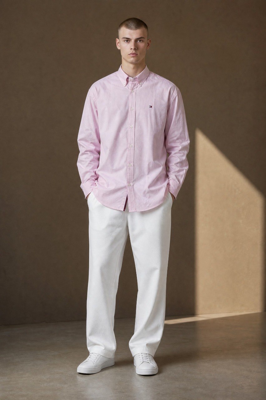 Tommy Hilfiger Premium Pastel Pink Oxford Button Down Long Sleeve Shirt for Men – Luxury Smart Casual Essential 🌸✨