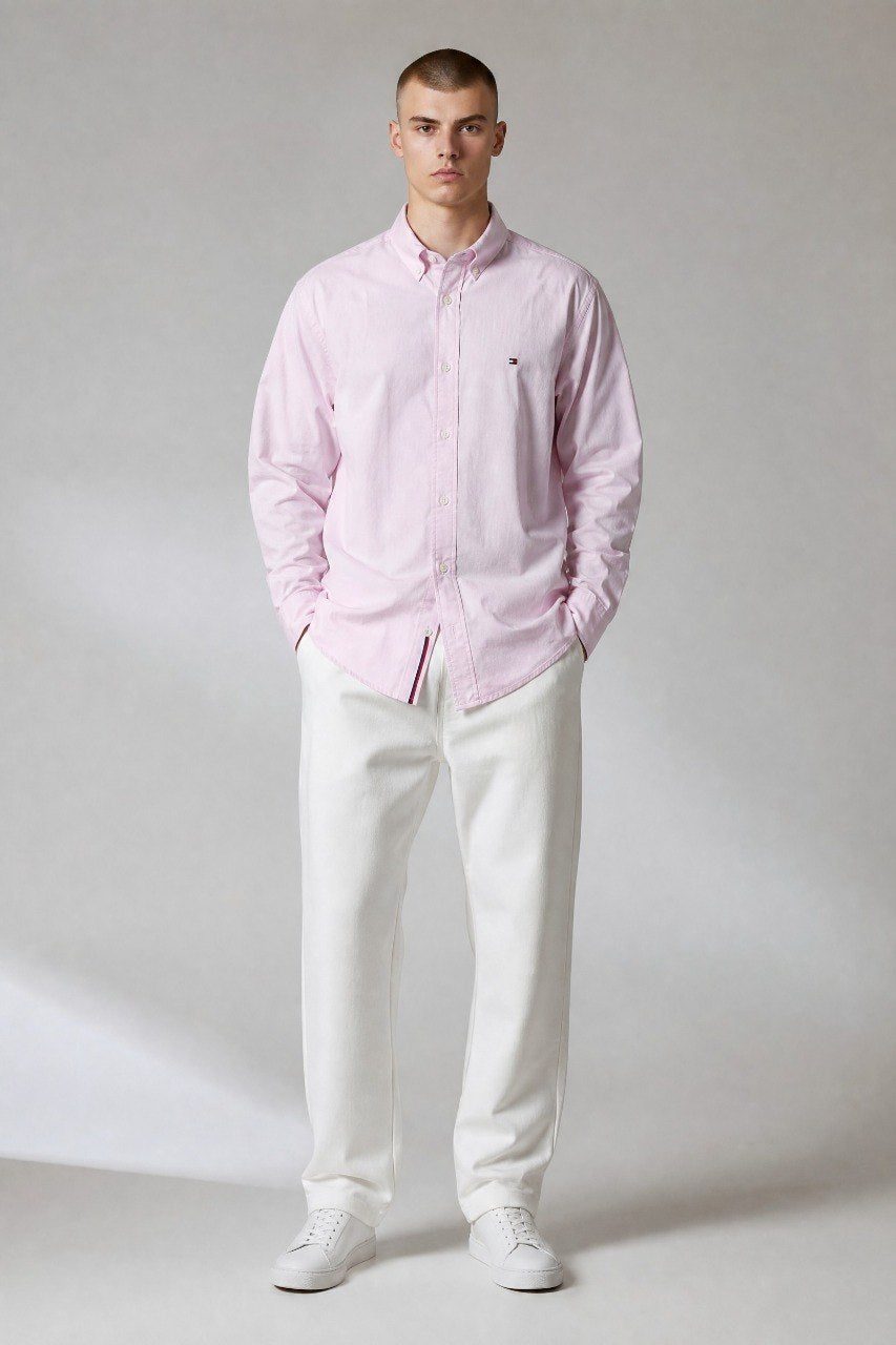 Tommy Hilfiger Premium Pastel Pink Oxford Button Down Long Sleeve Shirt for Men – Luxury Smart Casual Essential 🌸✨