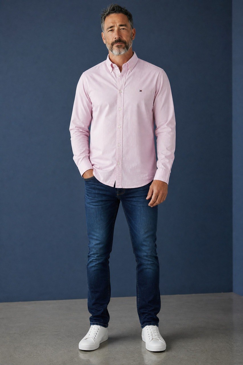 Tommy Hilfiger Premium Pastel Pink Oxford Button Down Long Sleeve Shirt for Men – Luxury Smart Casual Essential 🌸✨
