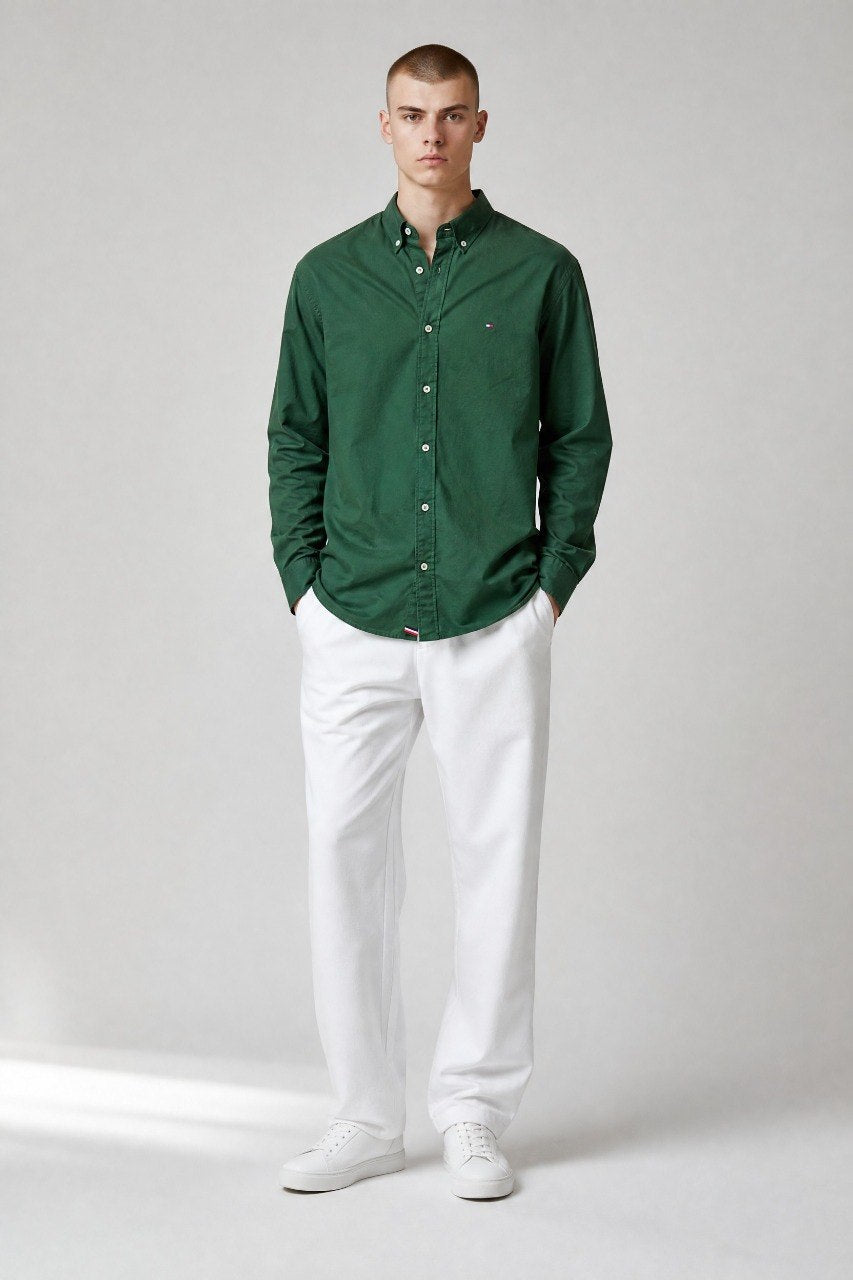 Tommy Hilfiger Premium Forest Green Oxford Button Down Long Sleeve Shirt for Men โ Luxury Smart Casual Classic ๐ฟโจ