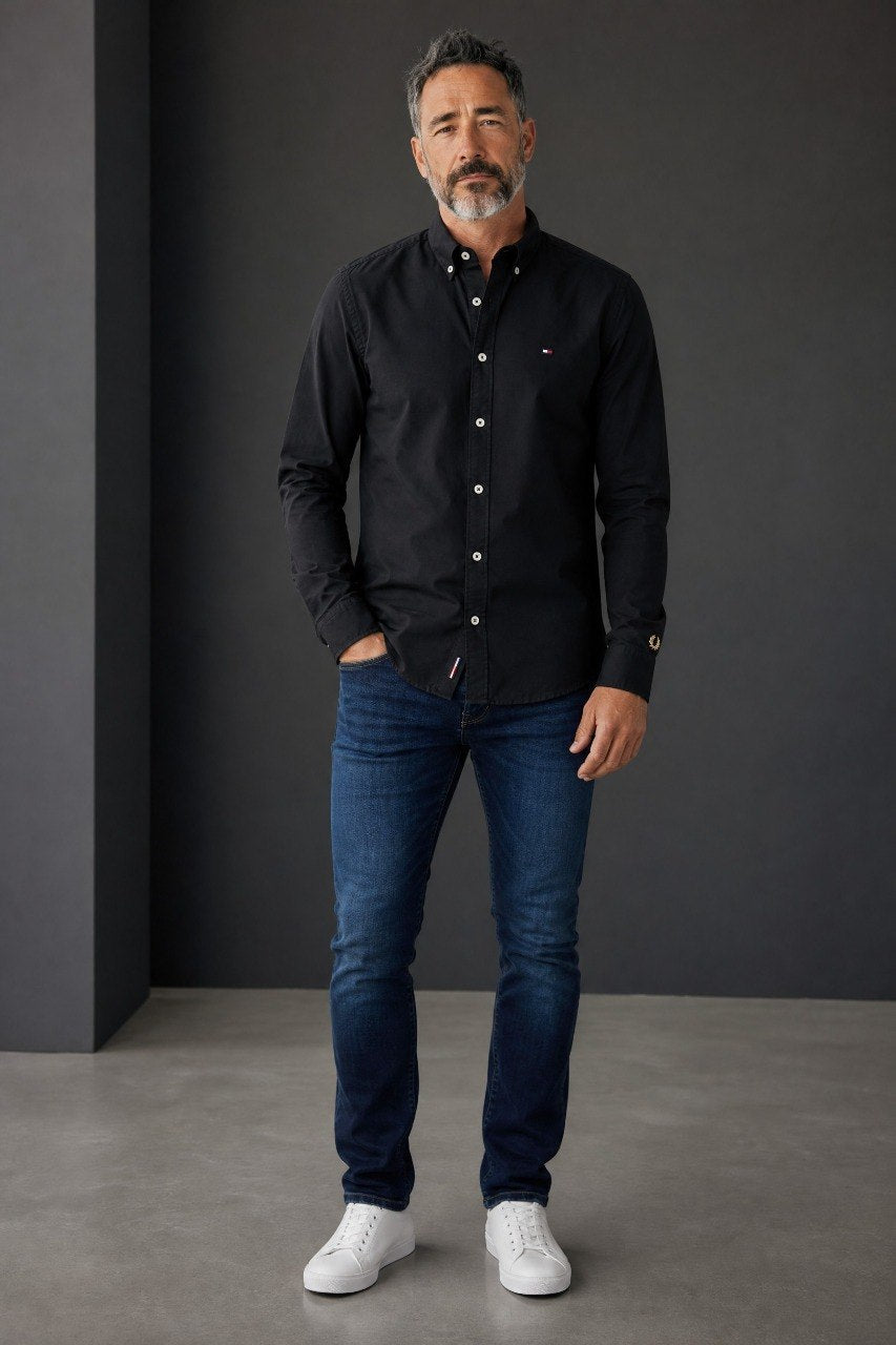 Tommy Hilfiger Premium Black Oxford Button Down Long Sleeve Shirt for Men – Luxury Minimal Smart Casual Essential 🖤✨
