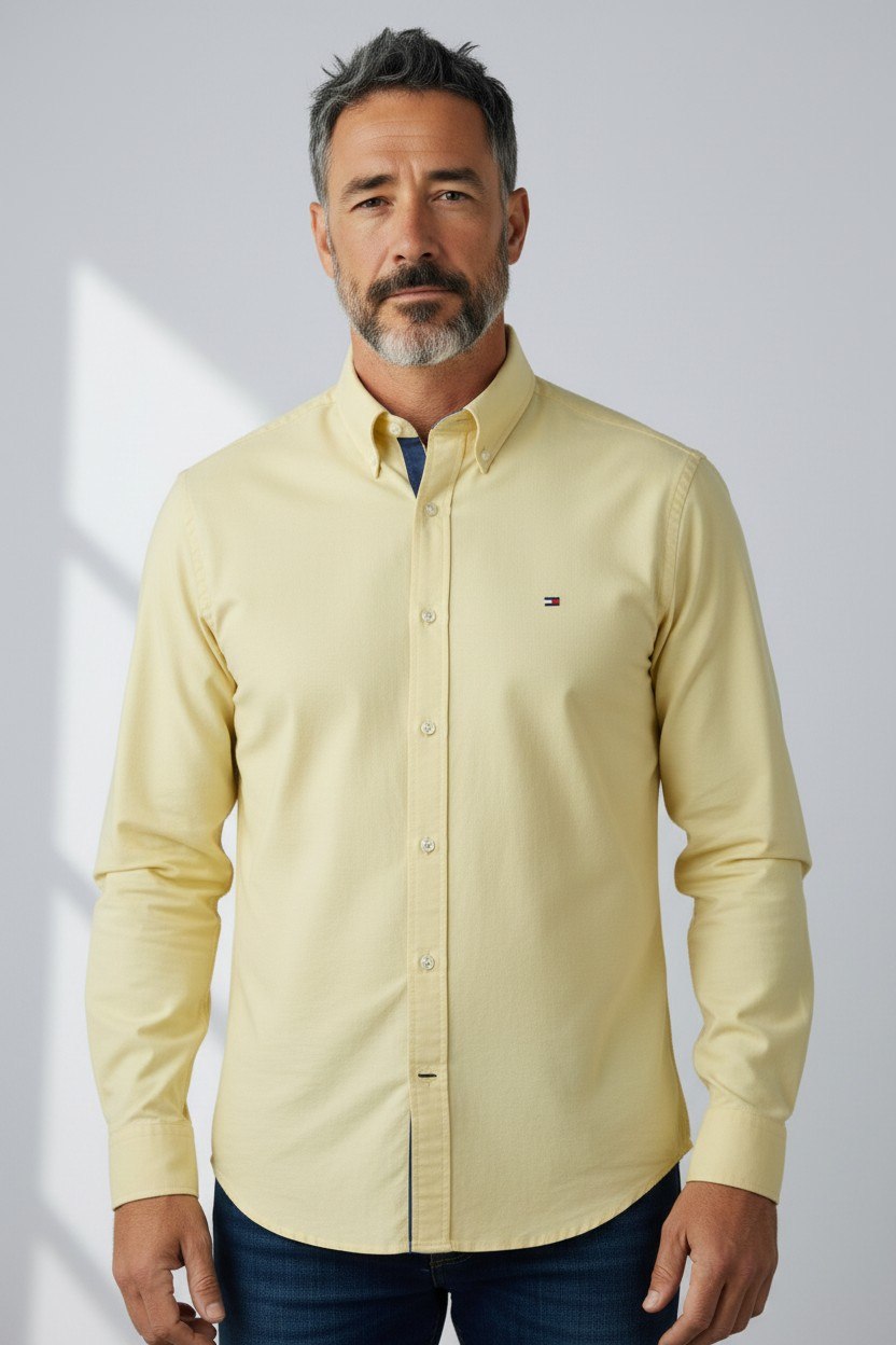 Tommy Hilfiger Premium Butter Yellow Oxford Button Down Long Sleeve Shirt for Men – Luxury Smart Casual Summer Essential 💛✨