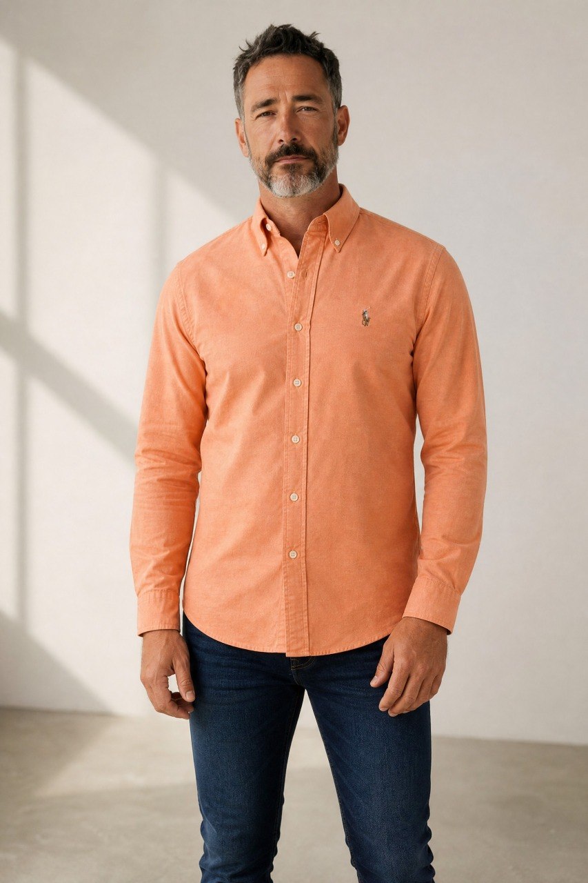 Polo Ralph Lauren Premium Peach Orange Oxford Button Down Long Sleeve Shirt for Men – Luxury Smart Casual Essential 🍑✨