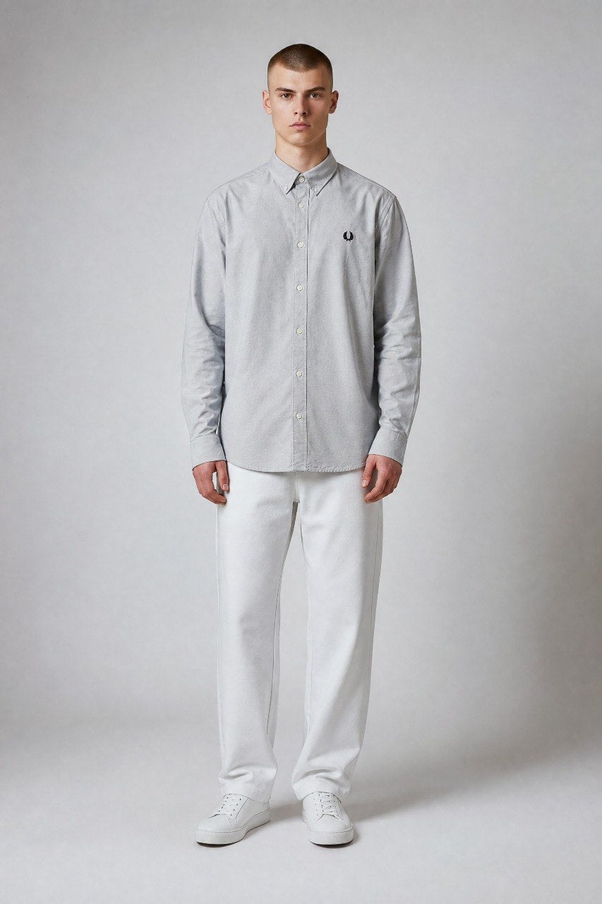 Fred Perry Premium Slim Fit Oxford Button-Down Shirt for Men – Classic Light Grey Smart Casual Long Sleeve Shirt 🩶✨