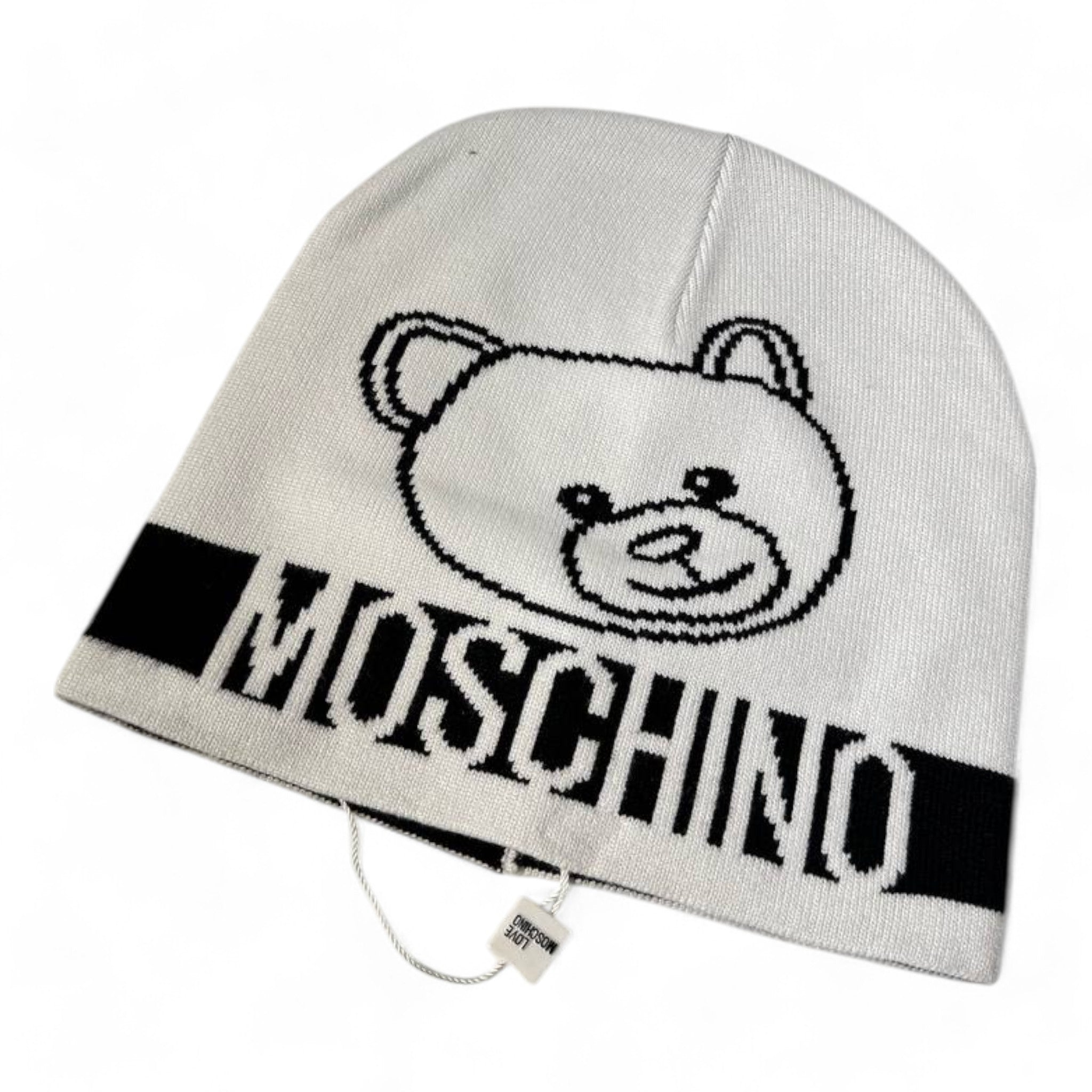 Moschino White Beanie with Teddy Bear Graphic