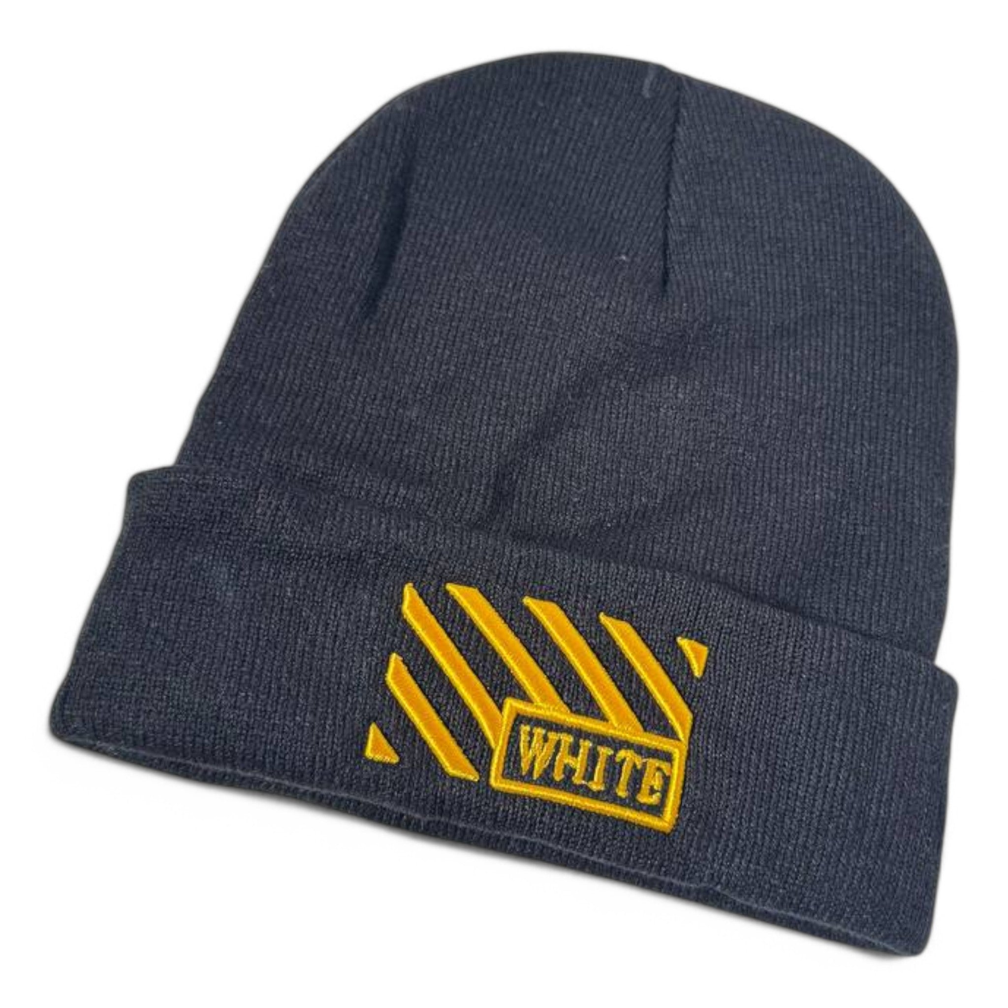 Off-White Black Knit Beanie with Yellow Logo Embroidery